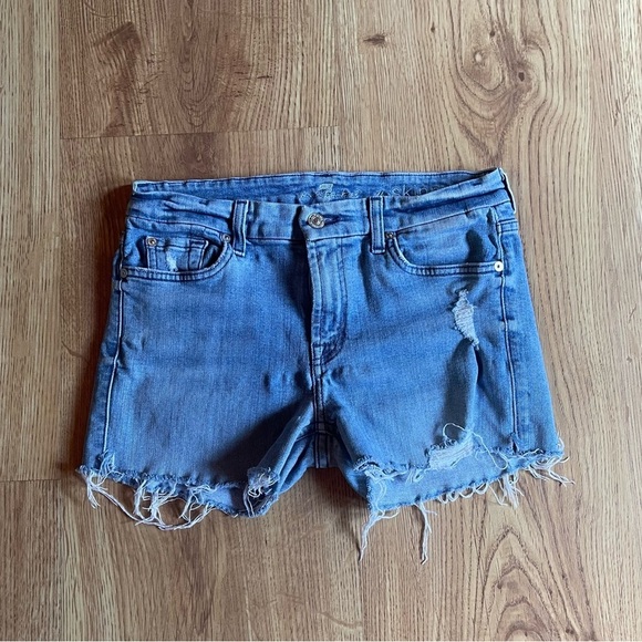 7 For All Man Kind Distressed Blue Denim Shorts - Picture 2 of 8